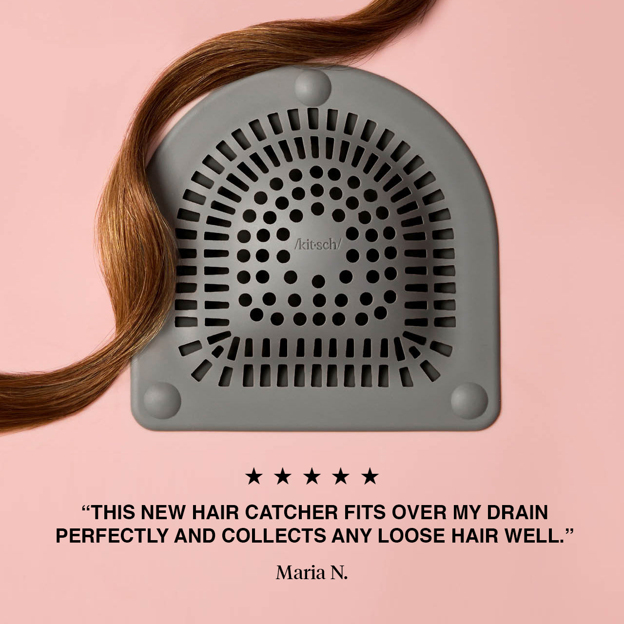 KITSCH Anti-Shedding Hair Essentials Bundle — Hair Catcher feature — gray silicone Hair Catcher in use — traps shed strands at the drain to keep your shower clog-free