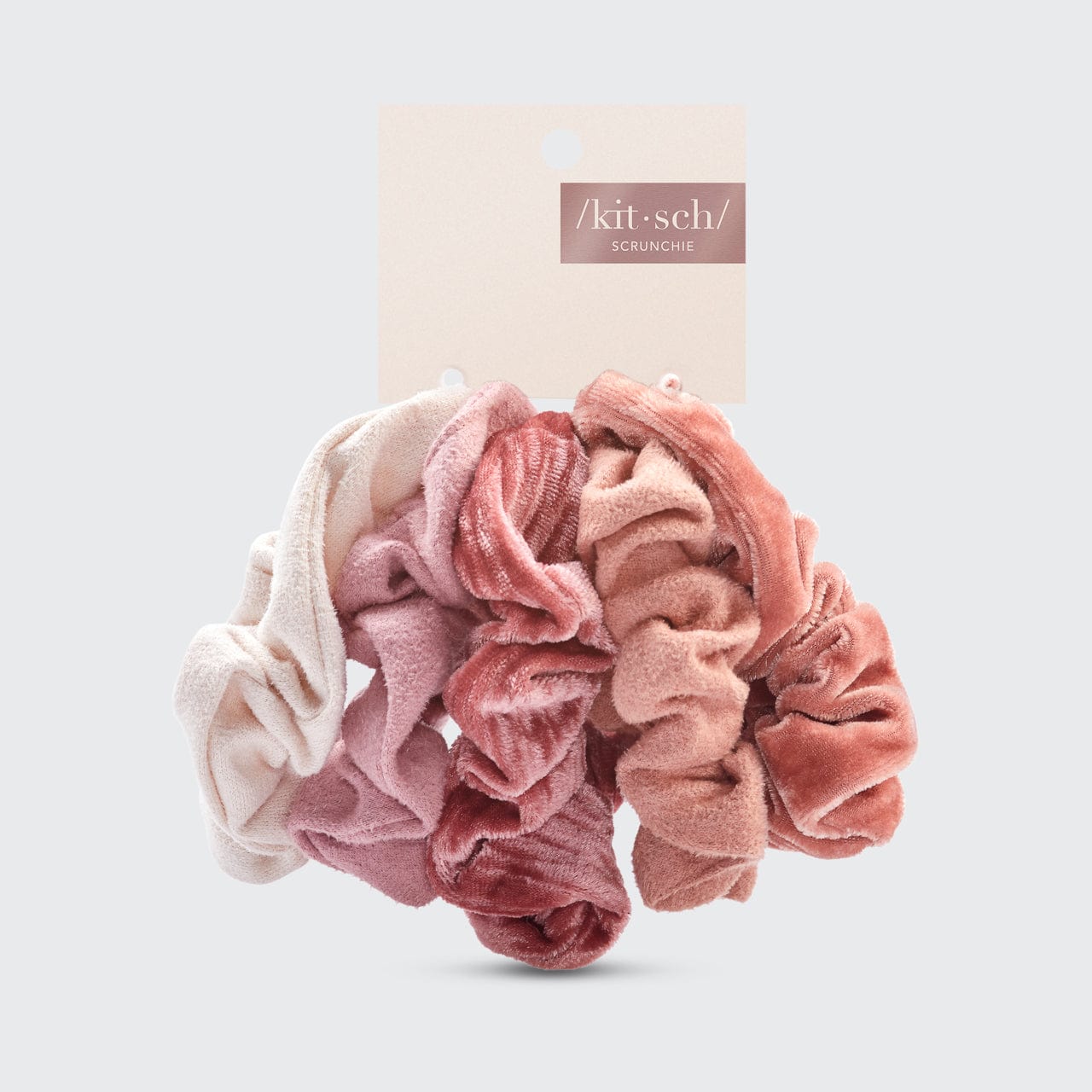 KITSCH Blush & Mauve Velvet Scrunchies 5pc Set — product packaging shot showing all 5 blush and mauve velvet scrunchies — all-day hold for all hair types