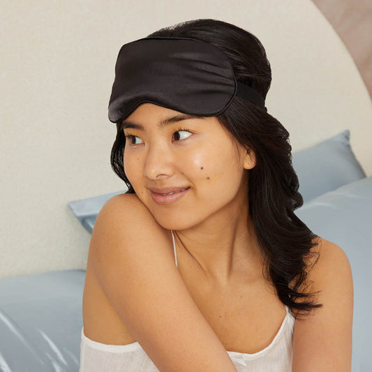 Model wearing Lavender Weighted Eye Mask in relaxed setting
