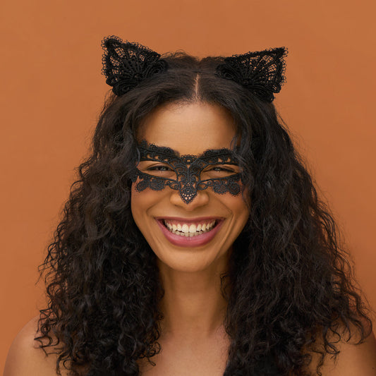 KITSCH Black Cat Lace Headband & Mask — model wearing black cat lace headband for Halloween — adds instant Halloween glam without a full costume