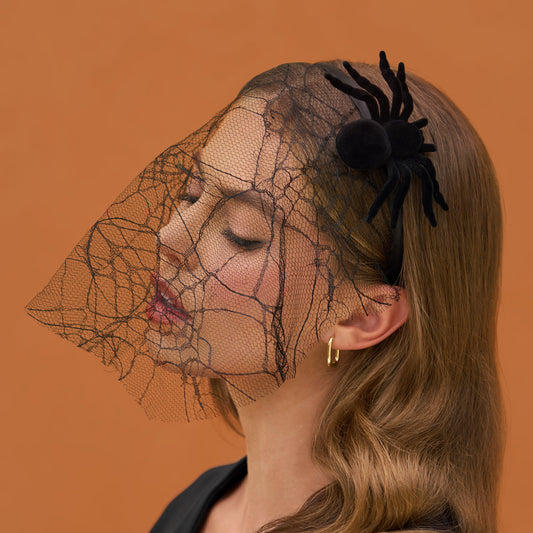 KITSCH Spiderweb Veil Headband — model wearing spiderweb veil headband for a bold, mysterious Halloween look — cruelty-free & designed in California