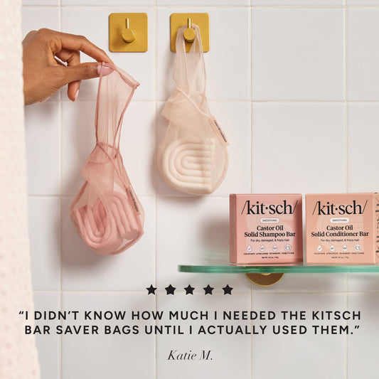 Kitsch bar saver bags and shampoo bars on a tiled wall with a quote from Katie M.
