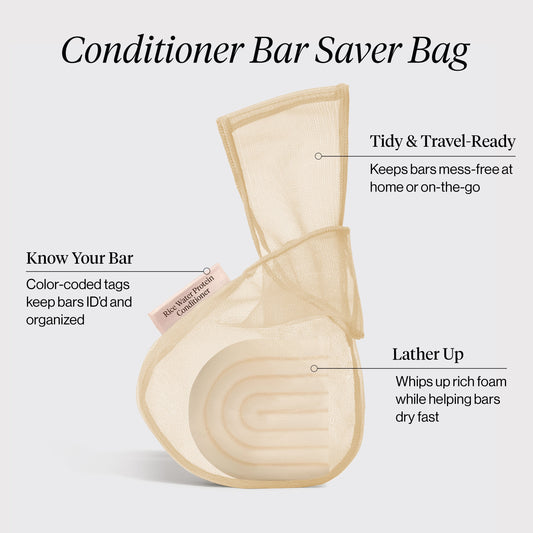 KITSCH Bar Saver Bag for Strengthening Rice Water Protein Conditioner Bar — product flat lay on white background — mesh bag keeps bar dry between uses — plastic-free, eco-friendly