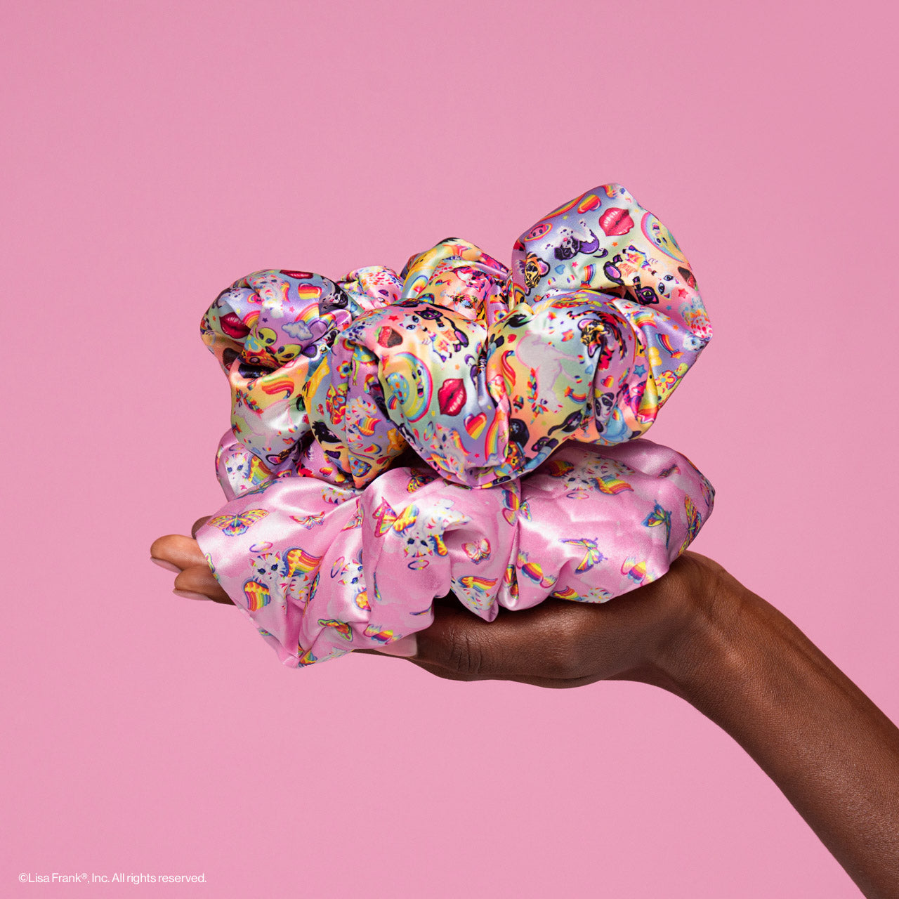 KITSCH Lisa Frank x Kitsch Pillow Scrunchies® in The Fantastic World of Lisa Frank — product flat lay showing Lisa Frank print — silky satin gentle enough to sleep in every night