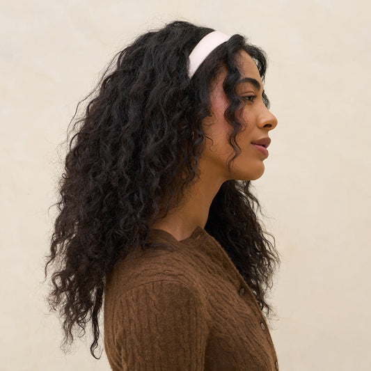 KITSCH Cream & Camel Satin & Velvet Headbands — model wearing cream satin headband — smooth satin band adds elegant, versatile styling option