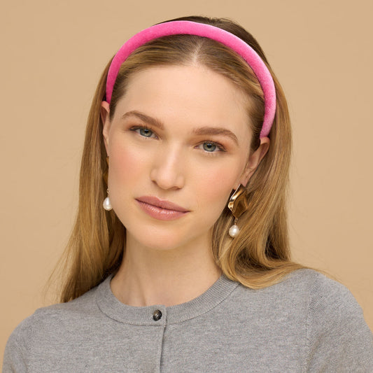 KITSCH Red, Pink & Green Velvet Headbands — model wearing pink velvet headband for a polished everyday look — soft velvet fabric, no-slip design