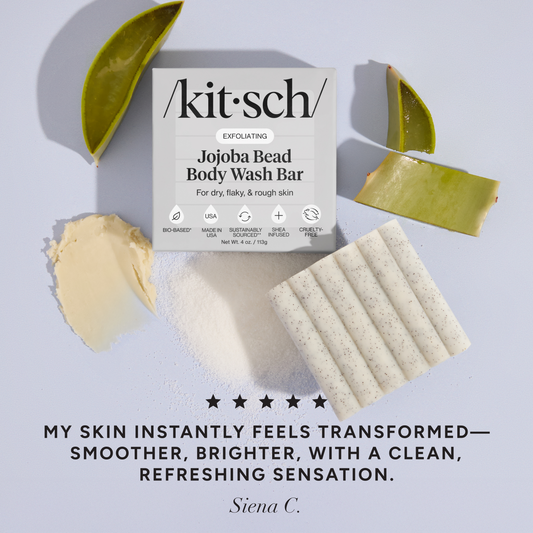 KITSCH Jojoba Bead Exfoliating Body Wash Bar — 5-star customer review graphic — Formulated with biodegradable jojoba beads to gently buff away dry, flaky skin — low-irritant formulation gentle enough for sensitive skin
