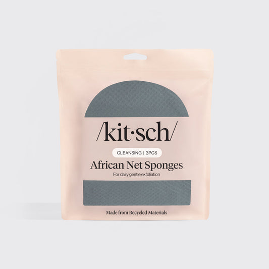 Model using Aqua Grey African Net Sponge showing full stretch reach