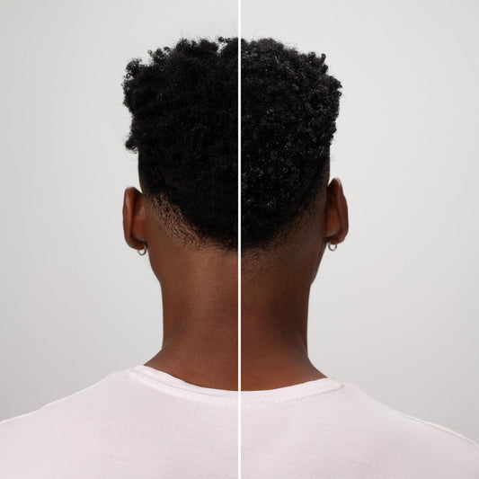 Before and after KITSCH Coconut Oil Shampoo: back view of model with kinky coily hair showing improved moisture