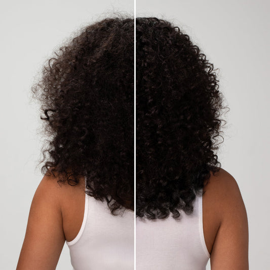 Before and after KITSCH Coconut Oil Conditioner: back view showing curly hair with improved shine and definition
