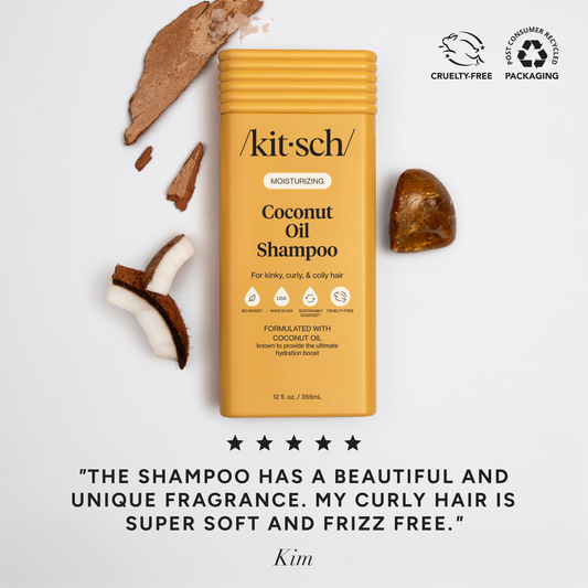 KITSCH Moisturizing Coconut Oil Shampoo with coconuts, cruelty-free badge, and 5-star customer review