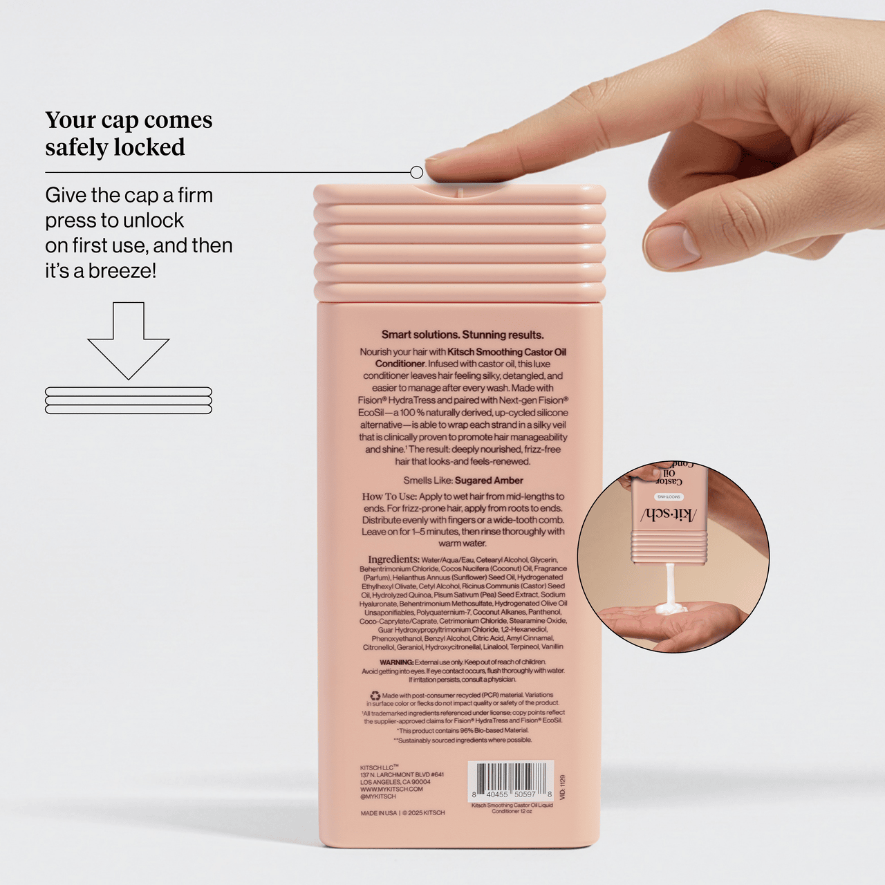 KITSCH Smoothing Castor Oil Conditioner back label showing the safety-locked cap with hand pressing to unlock on first use