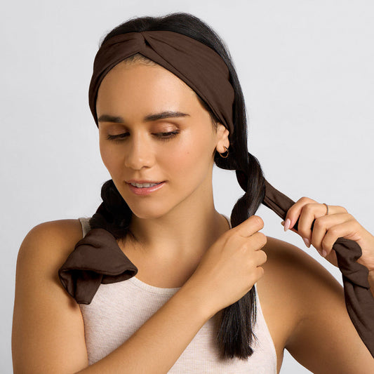KITSCH Set & Flow Active Headband in Chocolate Brown — model wearing headband as a sleep headband — soft, stretchy design protects curls and waves overnight