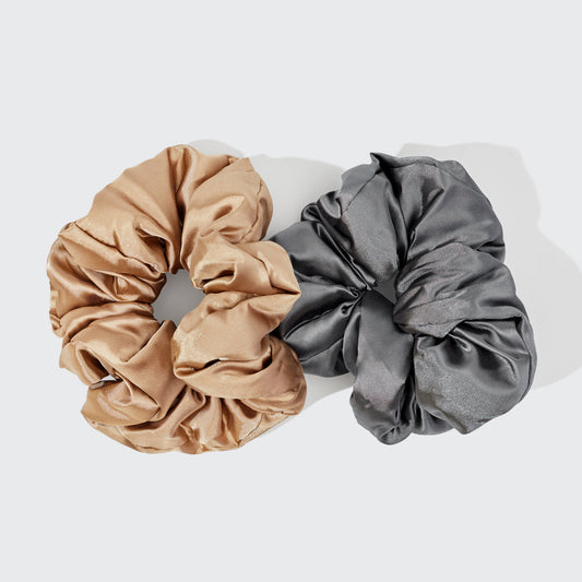 KITSCH Charcoal & Gold Satin Pillow Scrunchies — product flat lay of charcoal and gold satin pillow scrunchies — ultra-soft satin won't crimp hair while you sleep