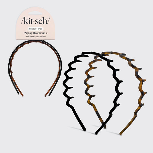 KITSCH Zig Zag Headband 2pc- Black & Tort — hero shot of 2-pack black and tortoiseshell zig zag headbands — crafted with recycled plastic, long wavy teeth for a comfortable non-slip grip — classic black and tortoise shell hues to coordinate with any outfit