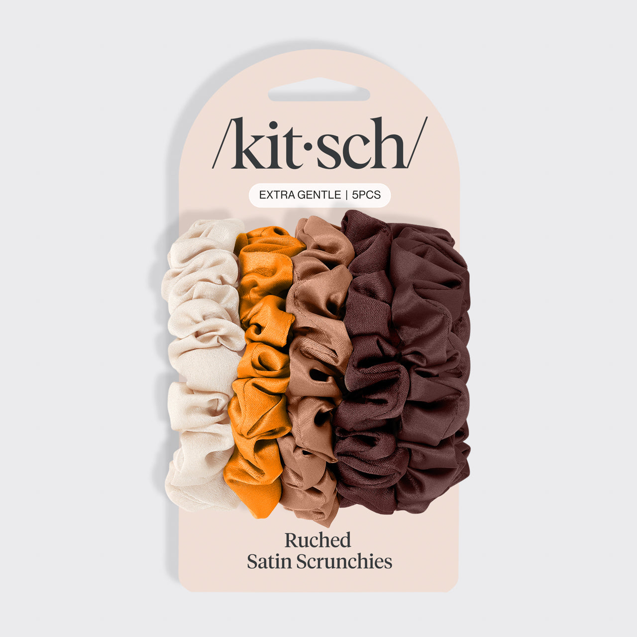 KITSCH Sedona Satin Petite Scrunchies 5pc Set — product on branded packaging card — 5-piece mini satin scrunchie set in Sedona earth tones