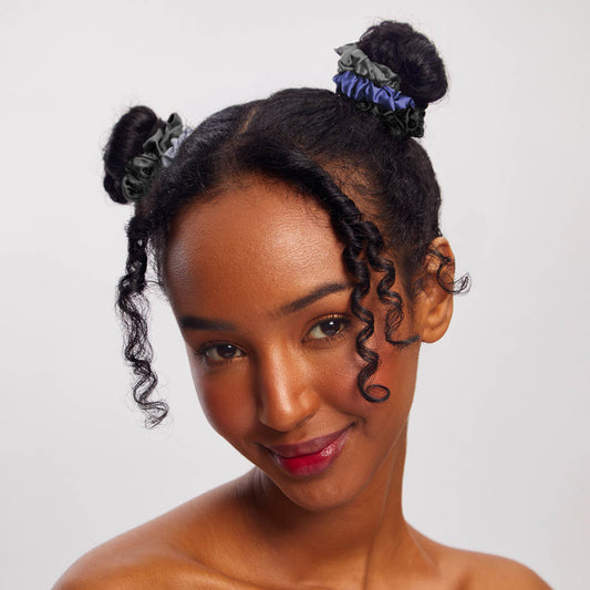 KITSCH Midnight Satin Petite Scrunchies 5pc Set — model wearing midnight petite satin scrunchie — mini satin scrunchies in deep navy and midnight tones — gentle on hair, no creasing