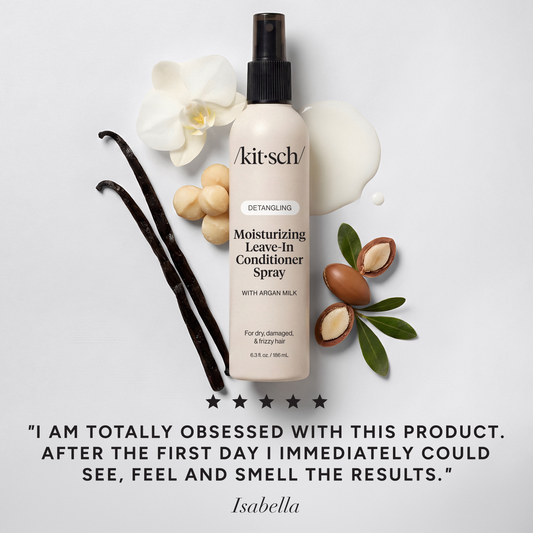 KITSCH Moisturizing Argan Milk Leave-In Conditioner — 5-star customer review graphic — Infused with plant-based Actimilk™Argan to enhance hair softness by 35% after one hour — effortless, lightweight application with our spray formula