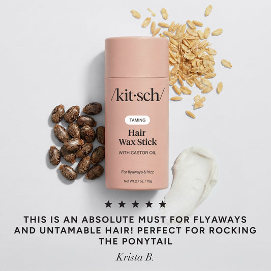 KITSCH Hair Wax Stick — 5-star customer review graphic — All-day hold locks your look in place without texture or greasiness — no-residue formula is easy to comb through, re-style & wash out