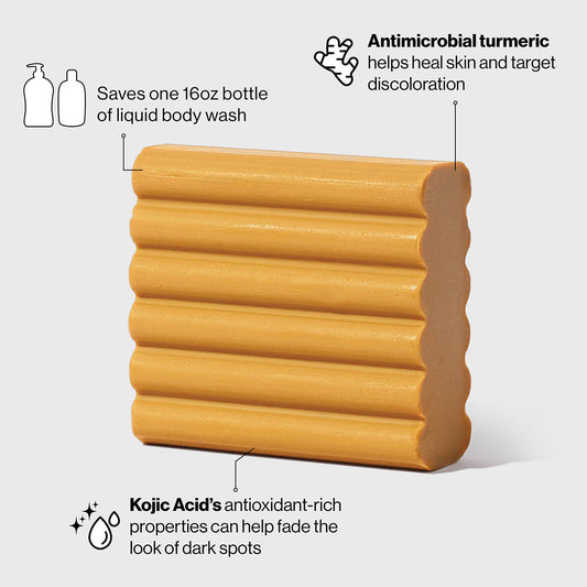 KITSCH Kojic Acid Solid Face & Body Wash Bar — ingredient-focused product shot — formulated with turmeric, hyaluronic acid, and shea butter — for brighter, more even-looking skin