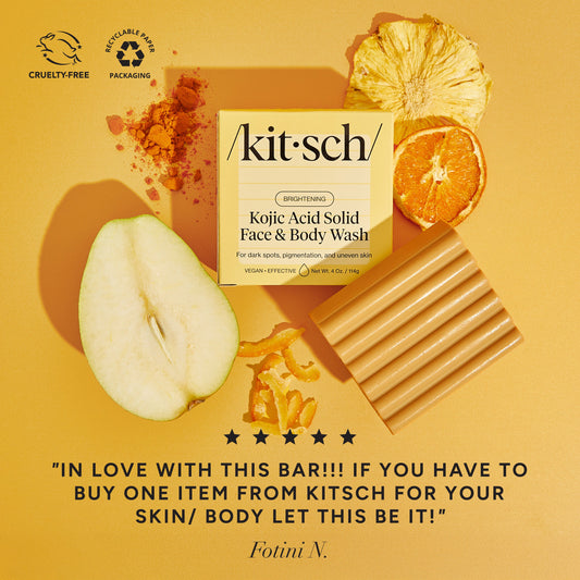 KITSCH Kojic Acid Bar for Hyperpigmentation & Dark Spots — 5-star customer review graphic — Deeply cleanses your face and body with skin-loving turmeric, hydrating hyaluronic acid, and nourishing shea butter — free of parabens, phthalates, silicones & sulfates