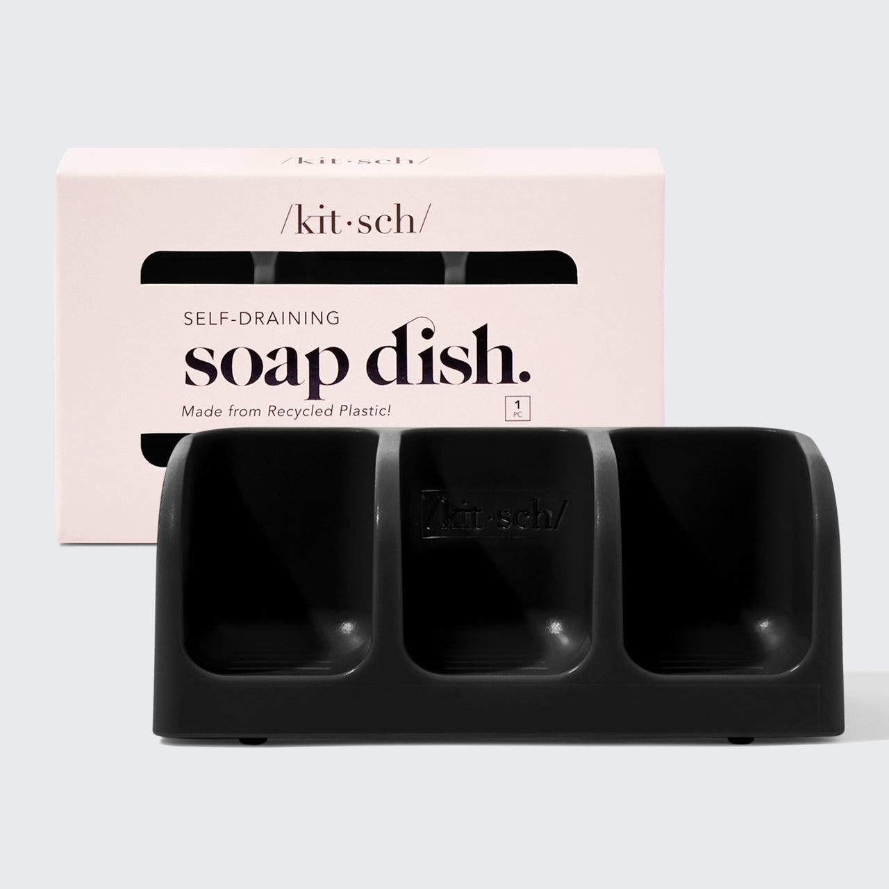 KITSCH Black Self-Draining Soap Dish — product hero shot — 3-compartment black self-draining soap dish holds Shampoo, Conditioner & Body Wash bars — keeps bars dry & goop-free