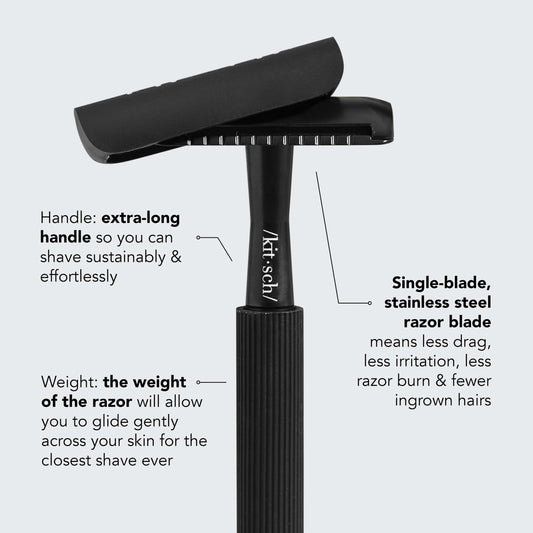 KITSCH Safety Razor Bundle Black — top selling points infographic — single-blade stainless steel reduces irritation, eco-friendly, reusable metal handle — bottle-free beauty