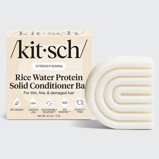 Kitsch Rice Water Conditioner Bar for Hair Growth packaging with bio-based solid bar - Formulated with Rice Tein NPNF, clinically proven to increase hair volume by 20% after 5 washes. For thin, fine, and damaged hair. Made in USA, cruelty-free, 100 washes, 3.2 oz / 91g.