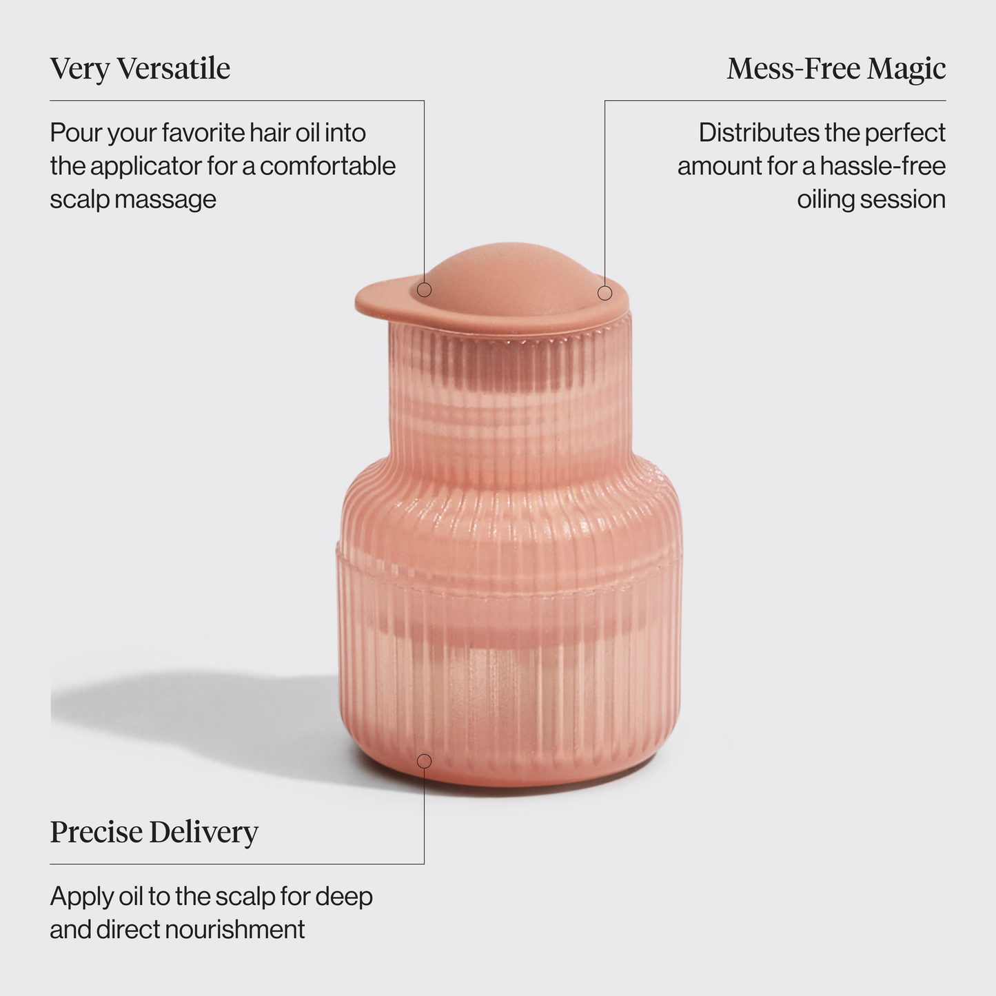 KITSCH Massaging Scalp & Hair Oil Applicator — product infographic — stainless steel bristles for precise, controlled scalp oil application — no-mess, targeted delivery — part of the Anti-Dandruff Shampoo Bundle