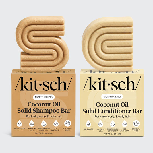 Kitsch Coconut Oil Solid Shampoo and Conditioner Bar set with bottle-free moisturizing bars for kinky, curly, and coily hair.