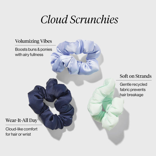 KITSCH Garden Bouquet Cloud Scrunchies 3pc Set — product infographic showing key features — recycled fabric cloud scrunchies in garden bouquet colors — gentle, snag-free hold