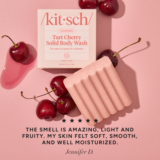 KITSCH Cleansing Tart Cherry Solid Body Wash — 5-star customer review graphic — Sudsy lather for a soft, luxurious cleanse — free of parabens, phthalates, silicones, and sulfates for pure, safe cleansing