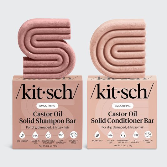 Kitsch Castor Oil Solid Shampoo and Conditioner Bar duo for dry, damaged, and frizzy hair with bottle-free moisturizing hair care.