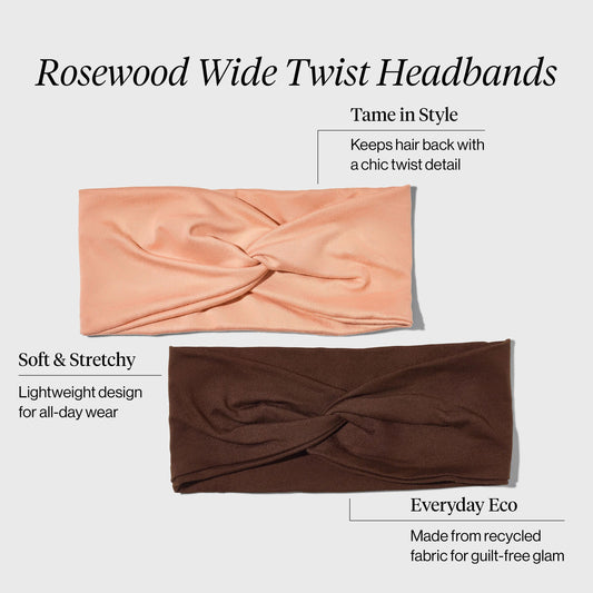 KITSCH Rosewood Wide Twist Headbands 2pc Set — product infographic highlighting key features — elevated twist detail, keeps hair and flyways in place