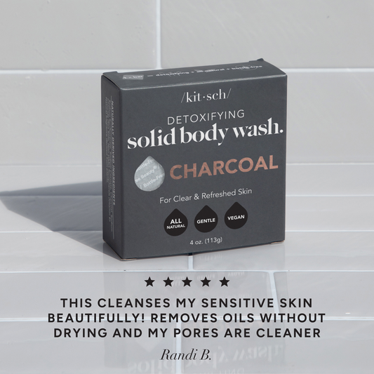 Kitsch Charcoal Detoxifying Body Wash bar styled with charcoal accents and a 5-star customer review