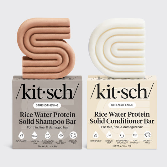 Kitsch Rice Water Shampoo and Conditioner Bar Combo for Hair Growth - bio-based solid shampoo and conditioner bars side by side with packaging. Formulated with Rice Tein NPNF, clinically proven to increase hair volume by 20% after 5 washes. For thin, fine, and damaged hair. Made in USA, cruelty-free, 100 washes each, 3.2 oz / 91g.