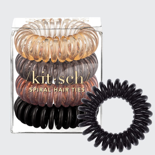 KITSCH Hair Coils Brunette 4-pack — flat lay — telephone-cord coils in assorted brown hues — kink-free hold for every hair type