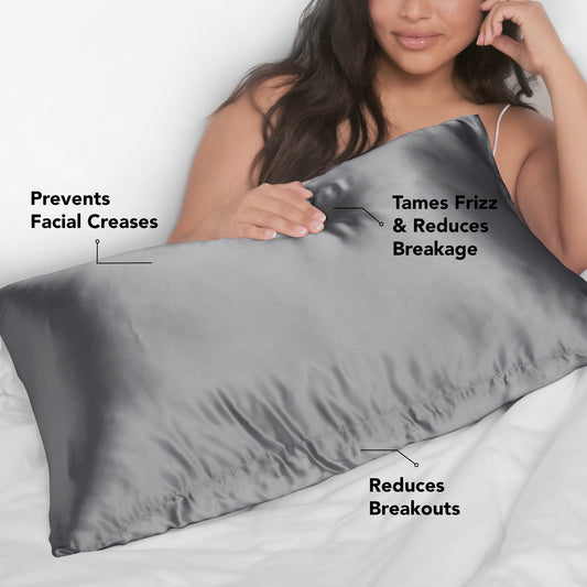 KITSCH Charcoal King Satin Pillowcase — feature infographic — anti-frizz and breakage-reducing benefits