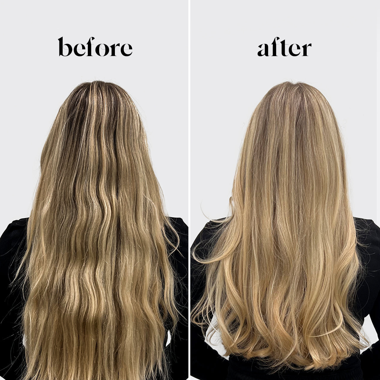 Before and after: highlighted blonde hair toning result with KITSCH Purple Toning + Biotin Solid Conditioner Bar — before shows brassy, warm-toned highlights; after shows brightened, cool-toned blonde with brassiness eliminated — safe for color-treated, highlighted and silver hair
