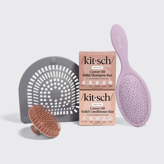 Kitsch Castor Oil Solid Shampoo and Conditioner Bar welcome kit with hair catcher, scalp exfoliator, and wet/dry detangling brush.