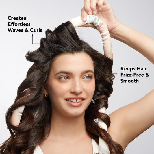 KITSCH Sunset Tie Dye Satin Heatless Curling Set — top selling points infographic — heat-free styling benefits and OEKO-TEX Certification