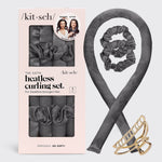 KITSCH Charcoal Satin Heatless Hair Curler Bundle — hero product shot — charcoal heatless curling set with bonnet