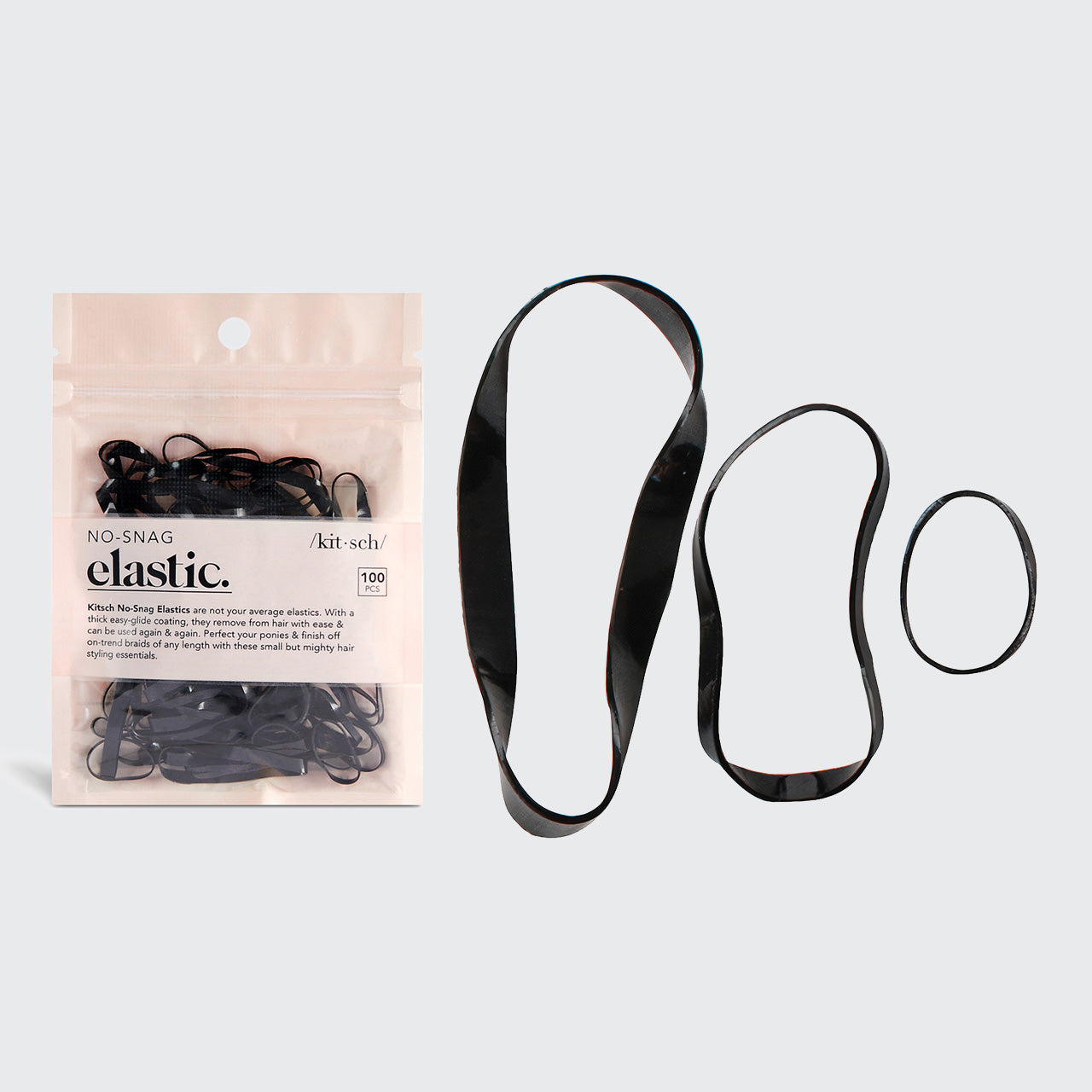 KITSCH Black No-Snag Elastics 100pc Set — packaging shown with three elastics in small, medium, and large sizes — versatile hold for all hair types