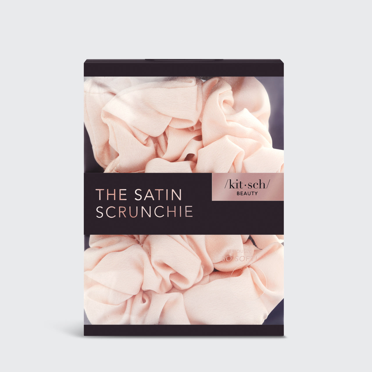 KITSCH Satin Sleep Scrunchies in Blush — product on branded packaging card — blush pink satin sleep scrunchies 5-piece set