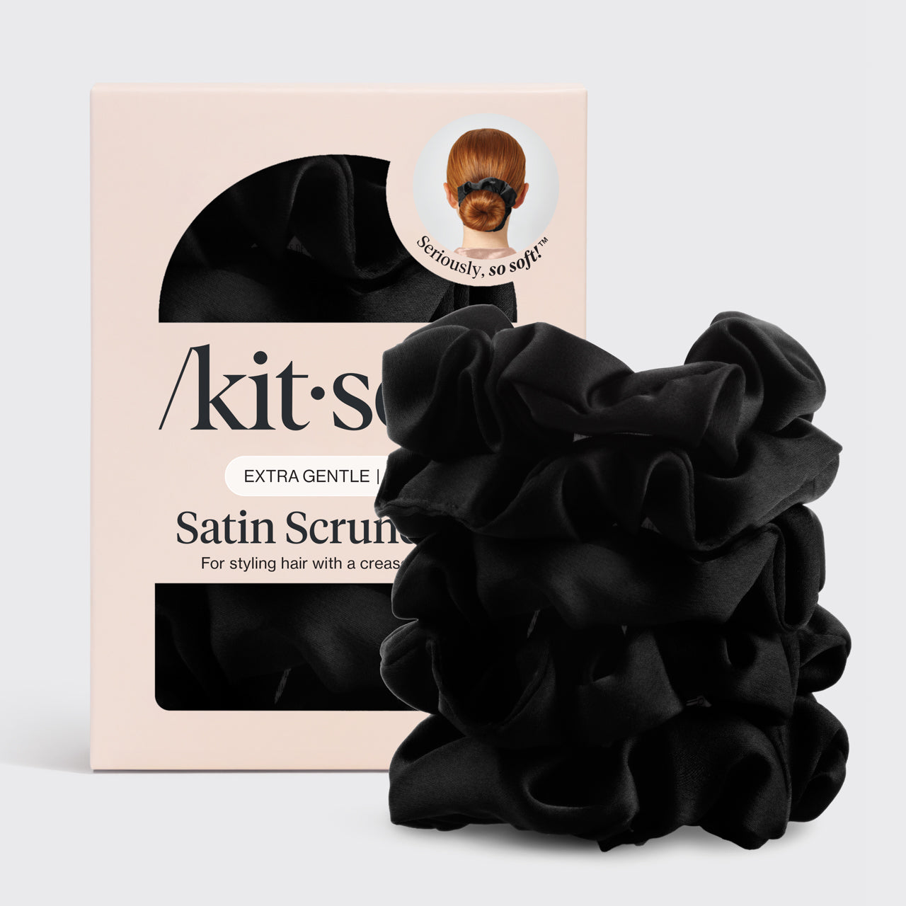 KITSCH Black Satin Sleep Scrunchies 5pc Set — hero product shot — 5-piece black satin sleep scrunchie set — silky satin won't crimp hair while you sleep