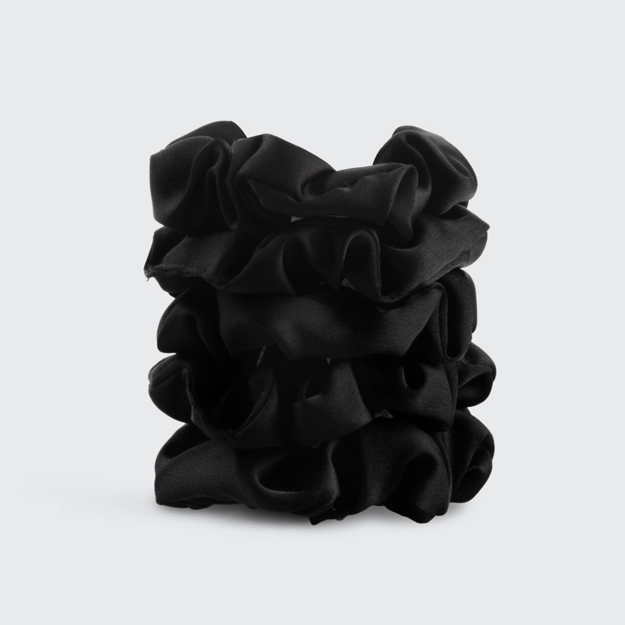 KITSCH Black Satin Sleep Scrunchies 5pc Set — flat lay of black satin sleep scrunchies — eco-friendly OEKO-TEX® certified satin, gentle snag-free hold