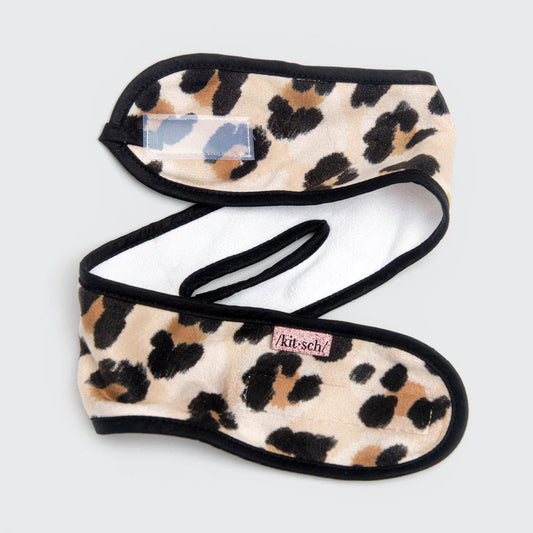 KITSCH Microfiber Spa Headband in Leopard — spa headband shown laid flat, leopard-print microfiber fabric — stretchy, comfortable fit for skincare routines and spa days