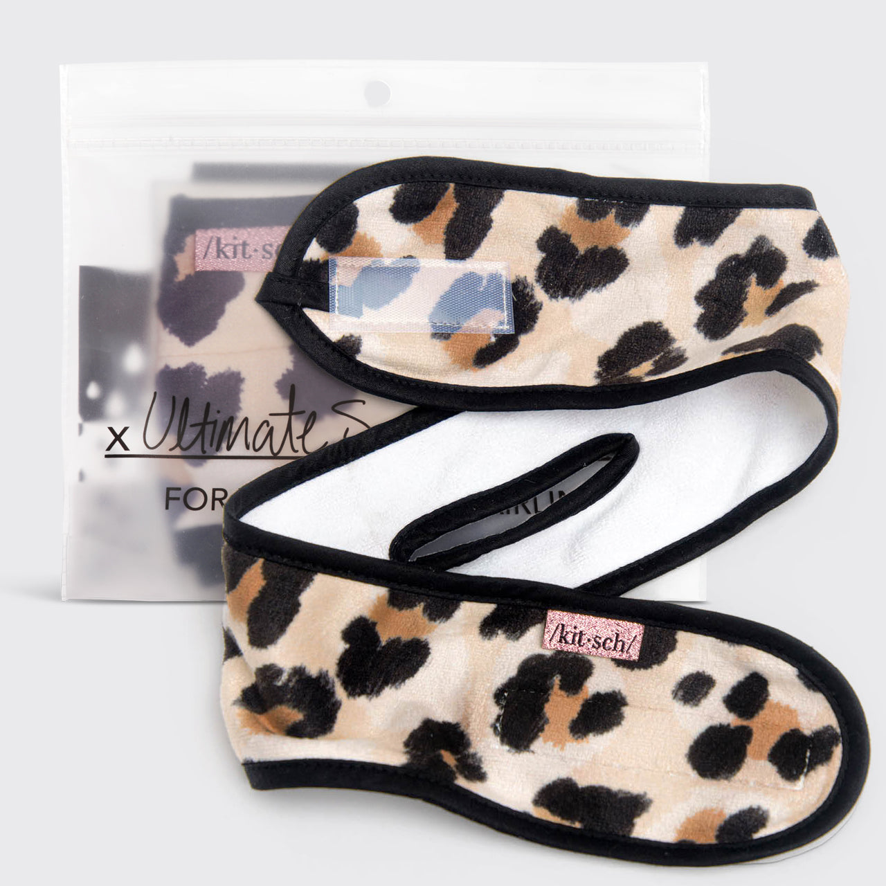KITSCH Microfiber Spa Headband in Leopard — hero product shot of leopard-print microfiber spa headband — soft, absorbent fabric that holds hair back during skincare