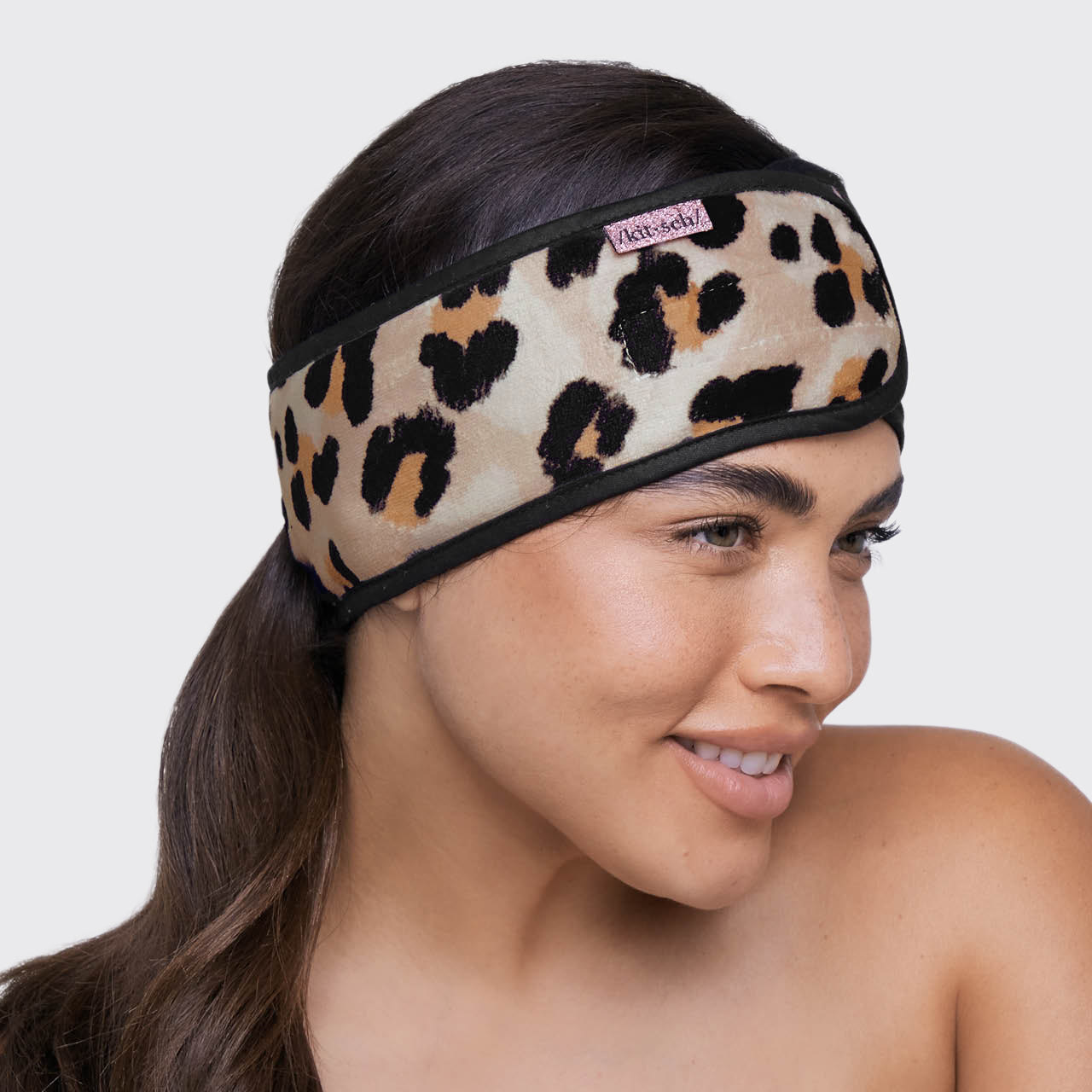 KITSCH Microfiber Spa Headband in Leopard — lifestyle shot of leopard spa headband during beauty routine — soft microfiber fabric stays gentle on hair