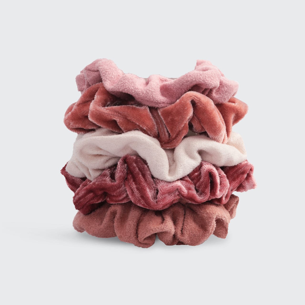 KITSCH Blush & Mauve Velvet Scrunchies 5pc Set — product flat lay showing 5 velvet scrunchies in blush and mauve tones — soft plush velvet prevents snagging